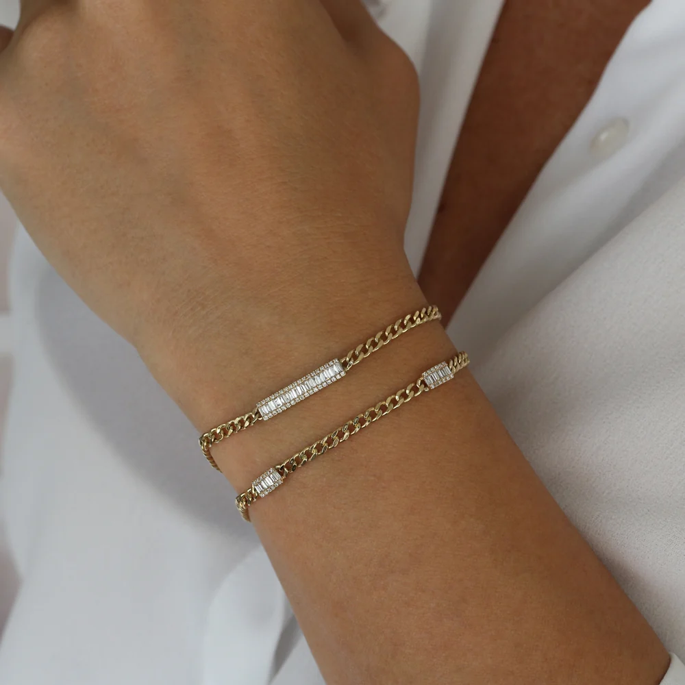 14k Baguette Diamond Bar Curb Link Bracelet - Image 5