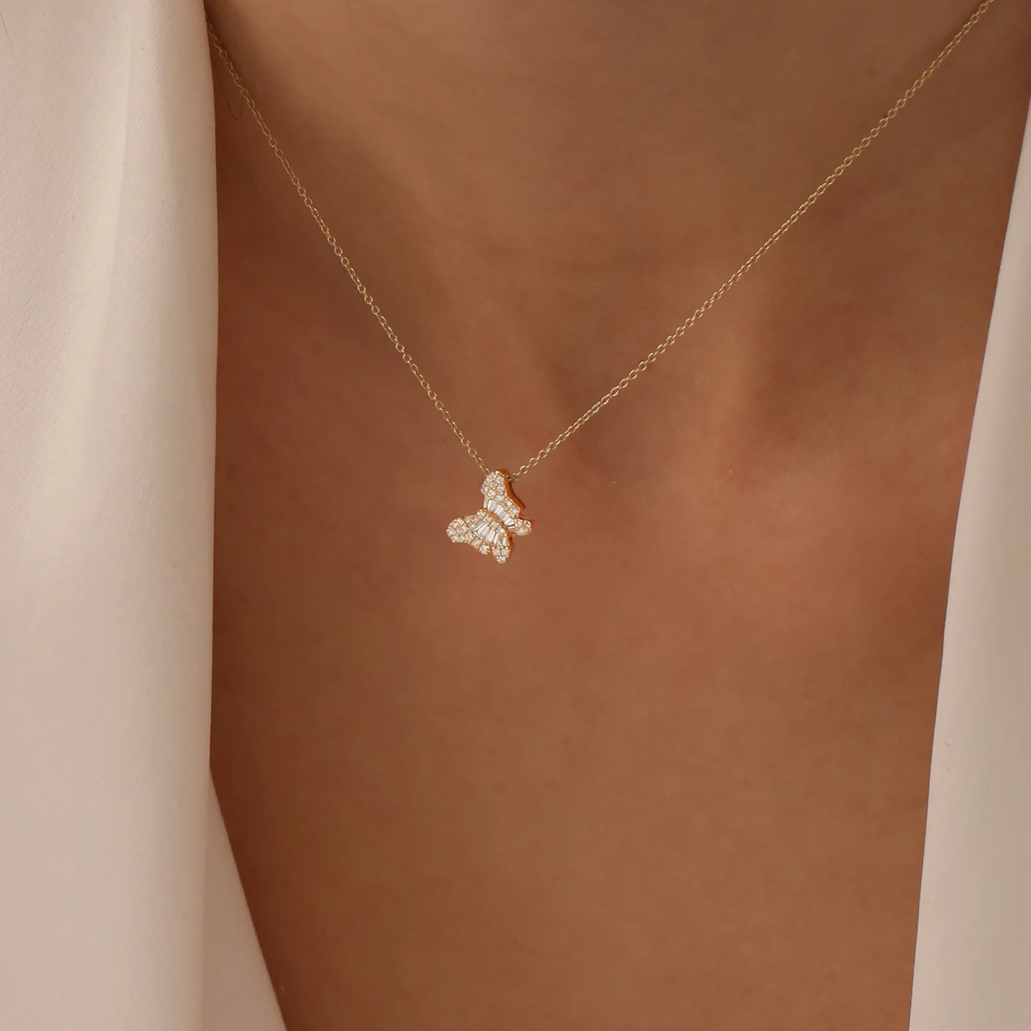 14k Baguette Diamond Butterfly Necklace - Image 3
