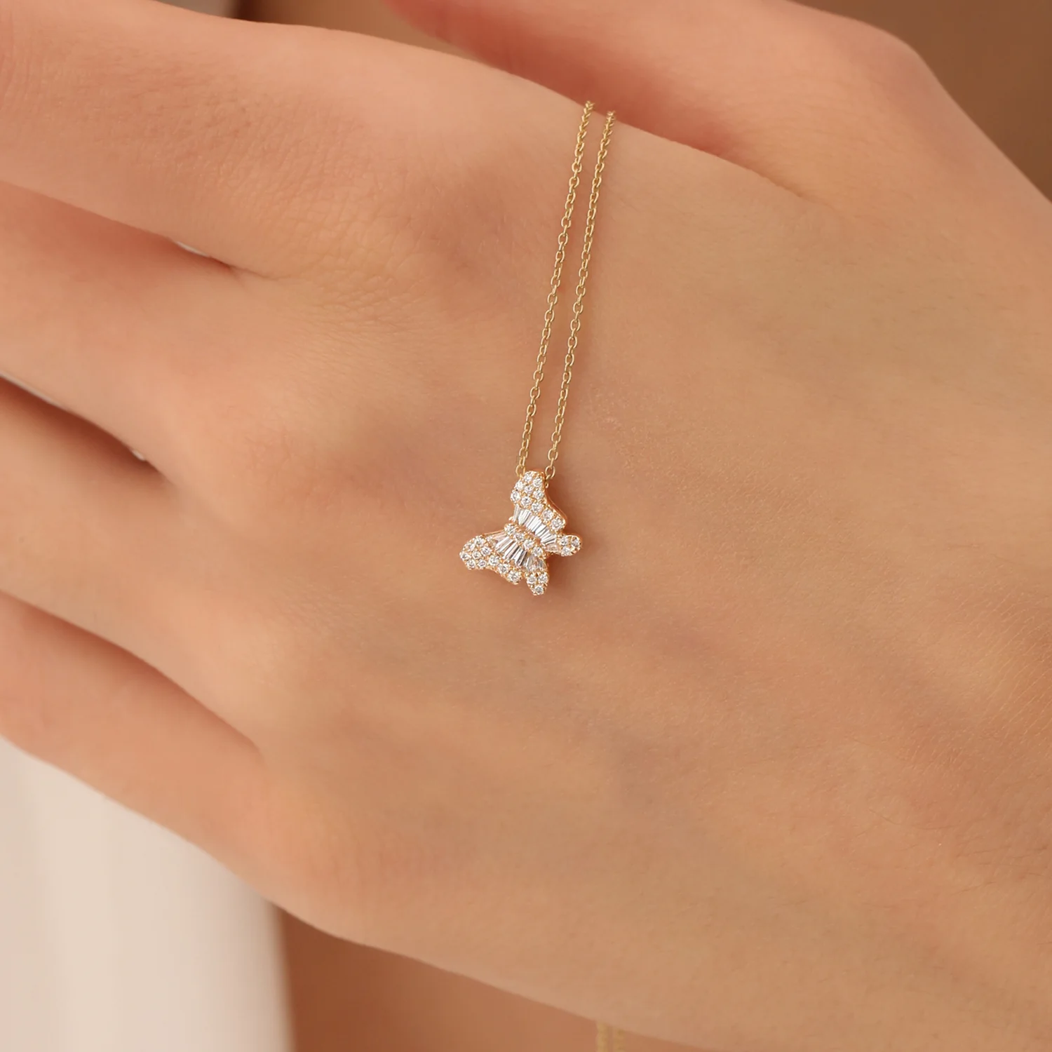 14k Baguette Diamond Butterfly Necklace - Image 4