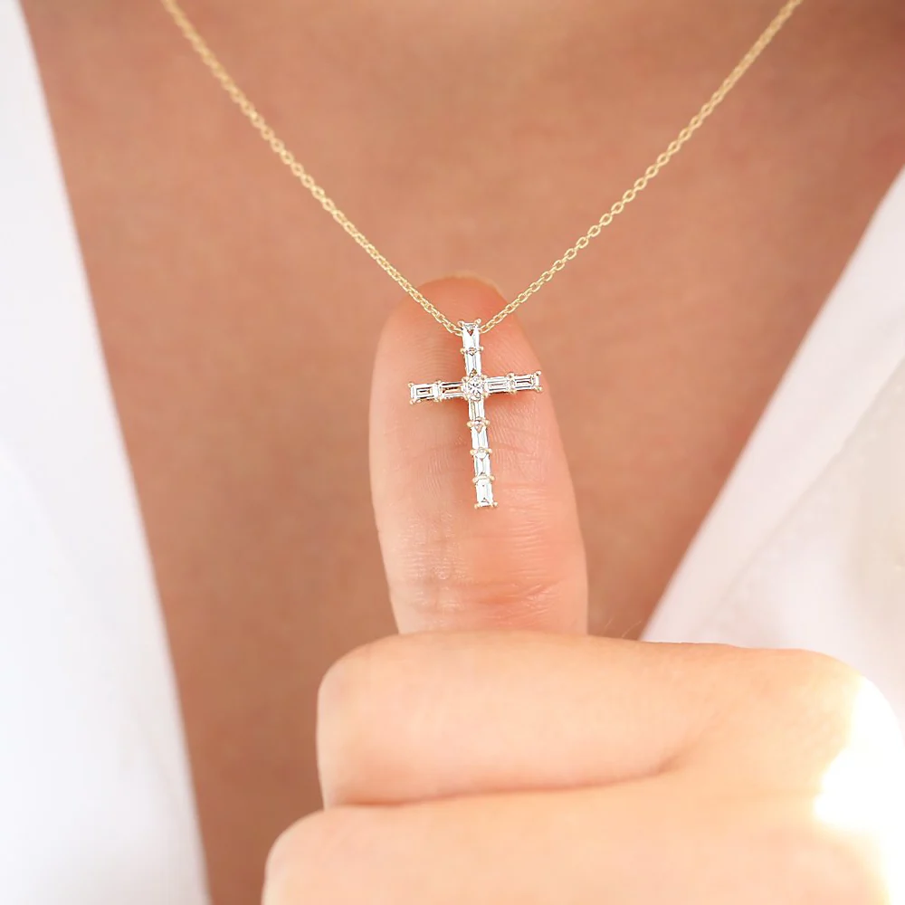 14K Baguette Diamond Cross - Image 4