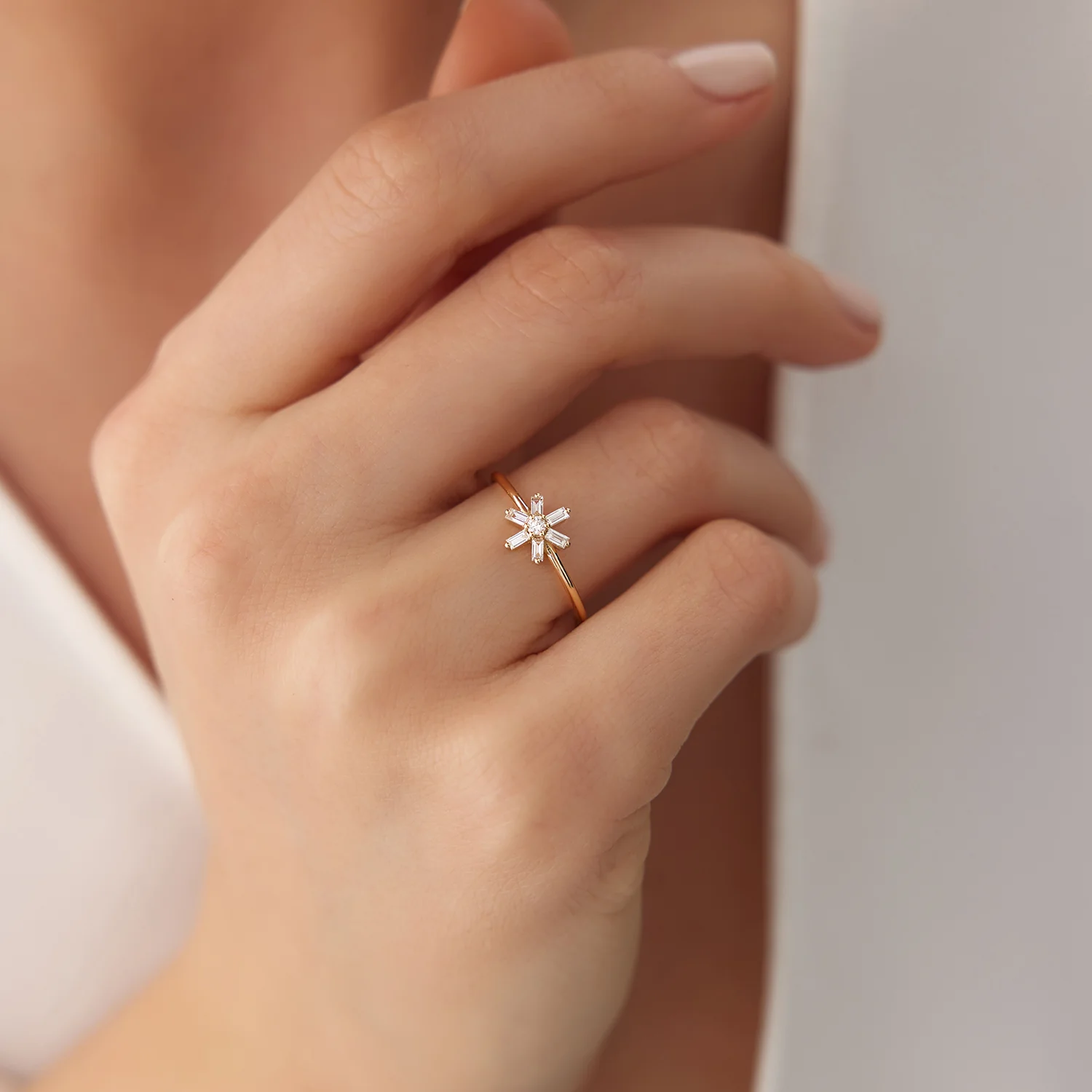 14K Baguette Diamond Flower Ring - Image 2