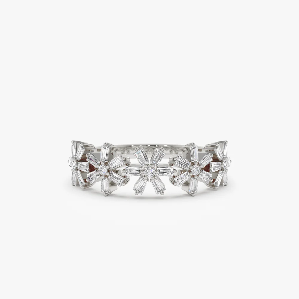 14K Baguette Diamond Multi Flower Design Ring - Image 9