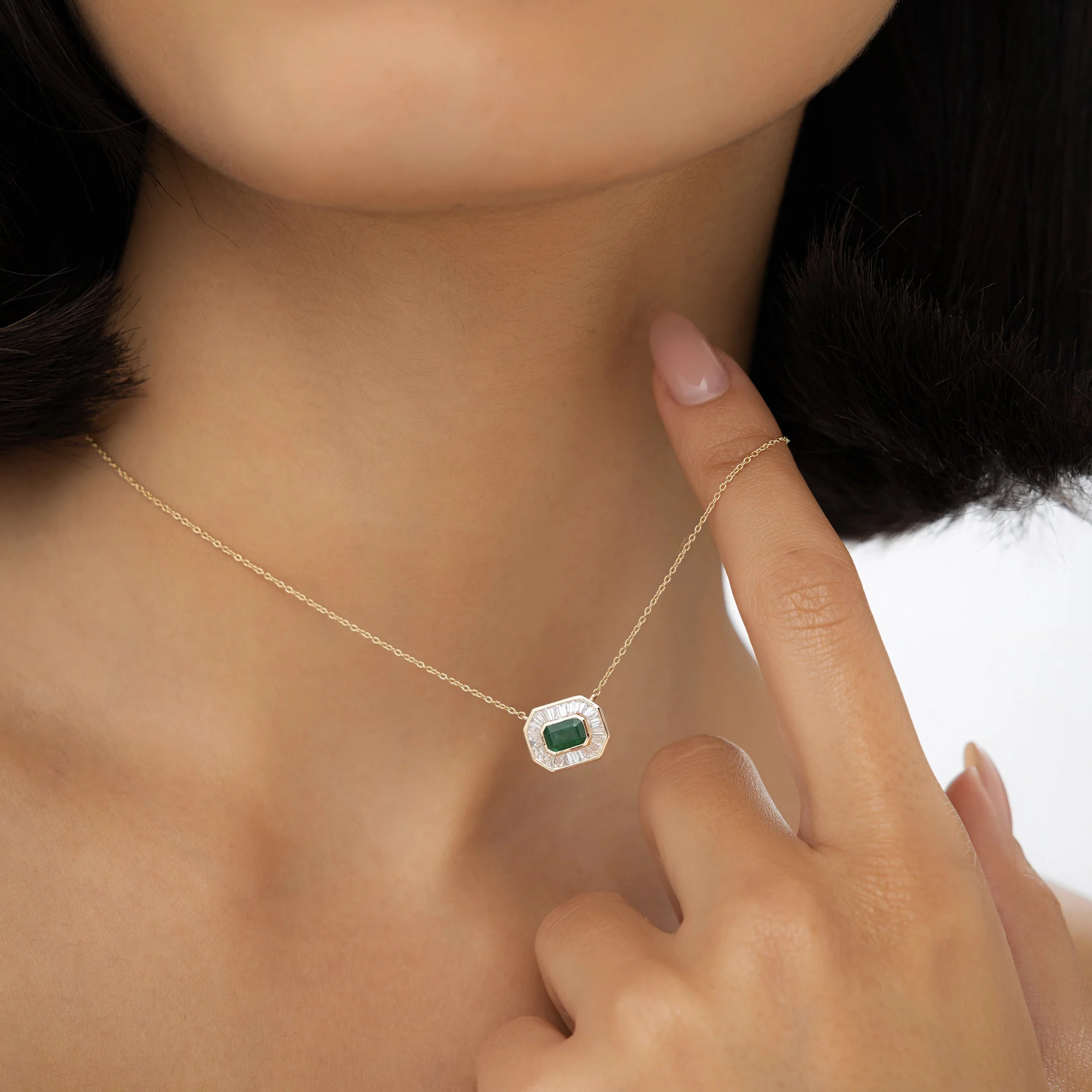 14k Baguette Halo Emerald Necklace - Image 2