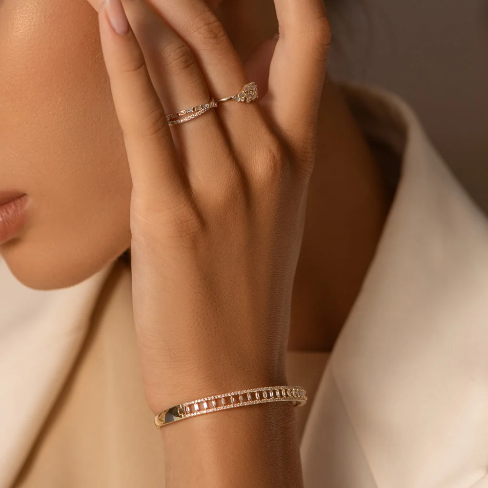 14K Baguette & Round Diamond Bangle Bracelet - Image 4