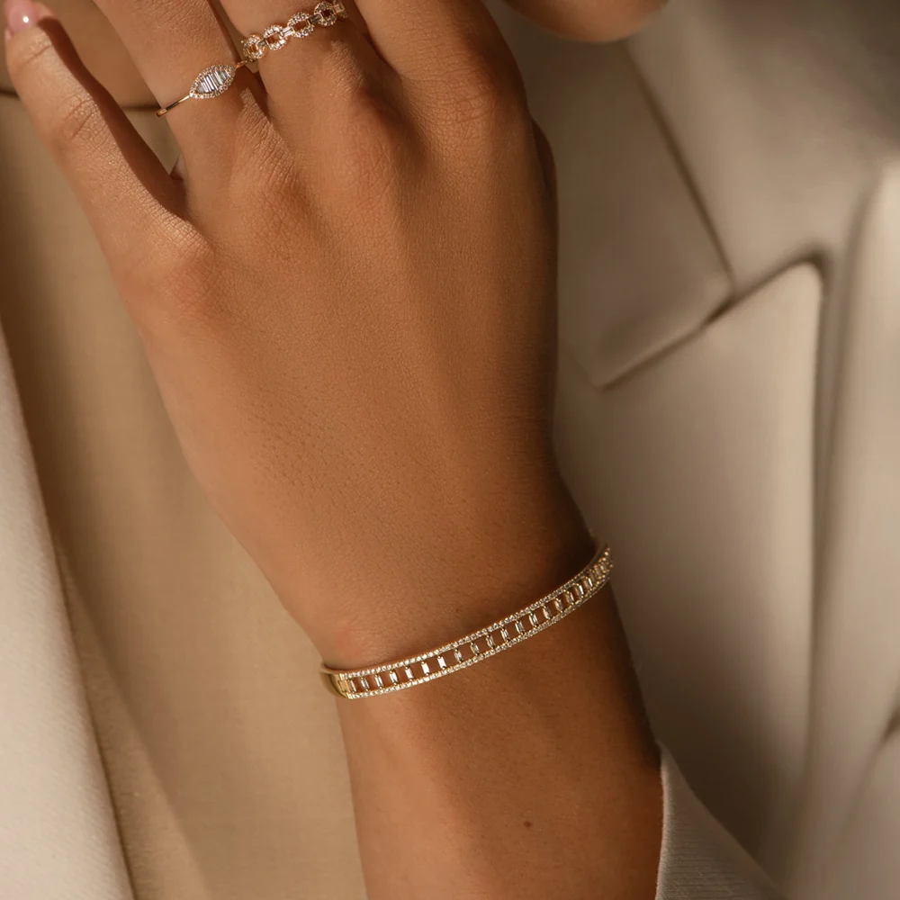 14K Baguette & Round Diamond Bangle Bracelet - Image 5
