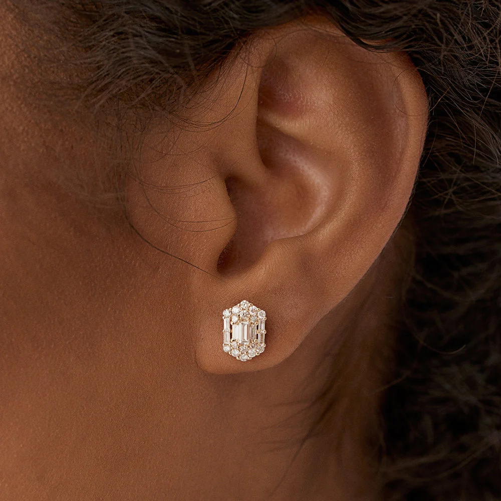14k Baguette & Round Diamond Hexagon Studs - Image 2
