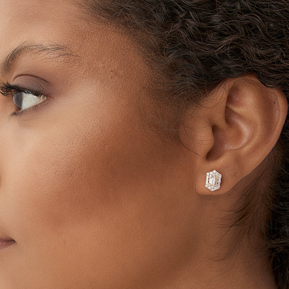 14k Baguette & Round Diamond Hexagon Studs - Image 3