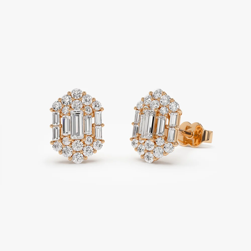 14k Baguette & Round Diamond Hexagon Studs - Image 4