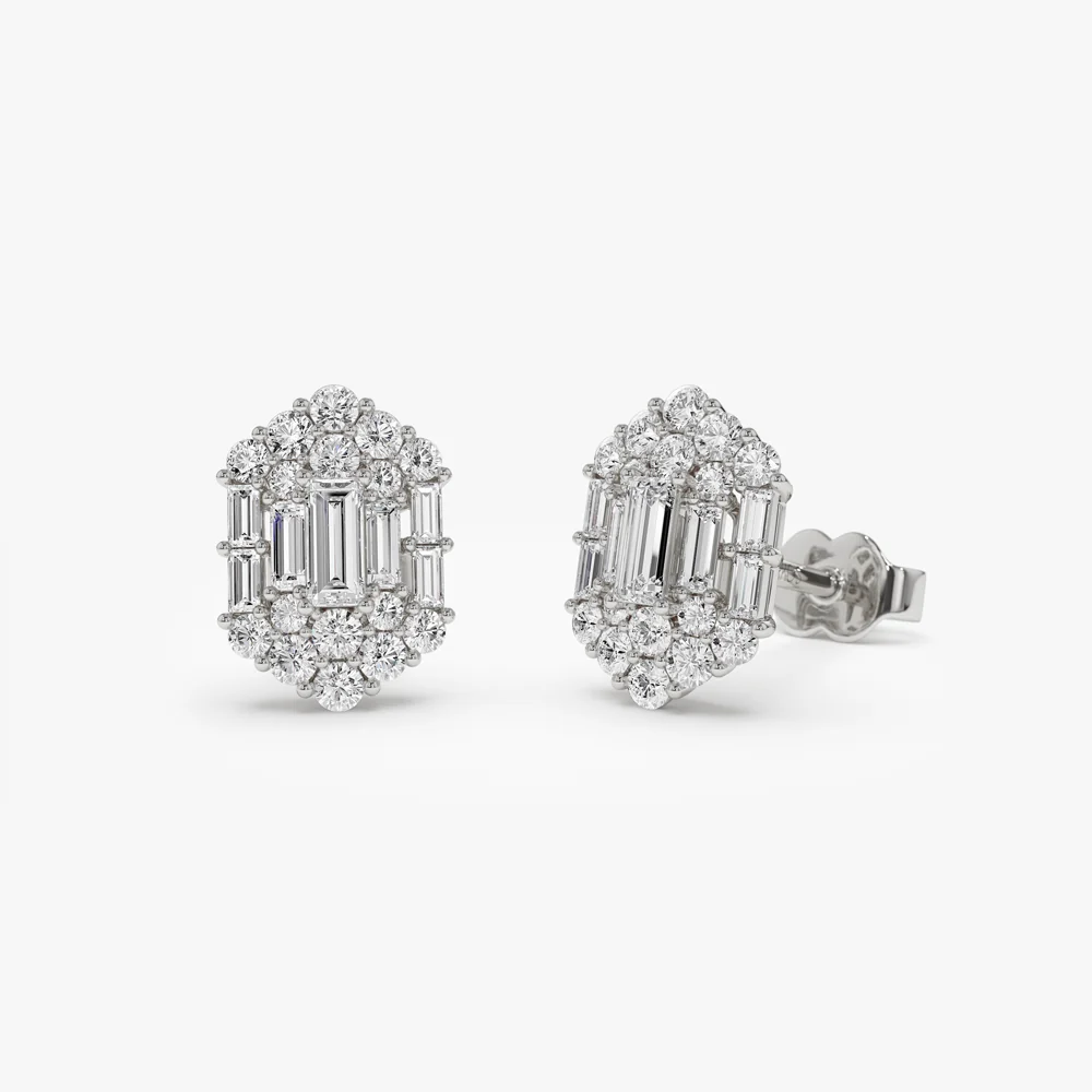 14k Baguette & Round Diamond Hexagon Studs - Image 5