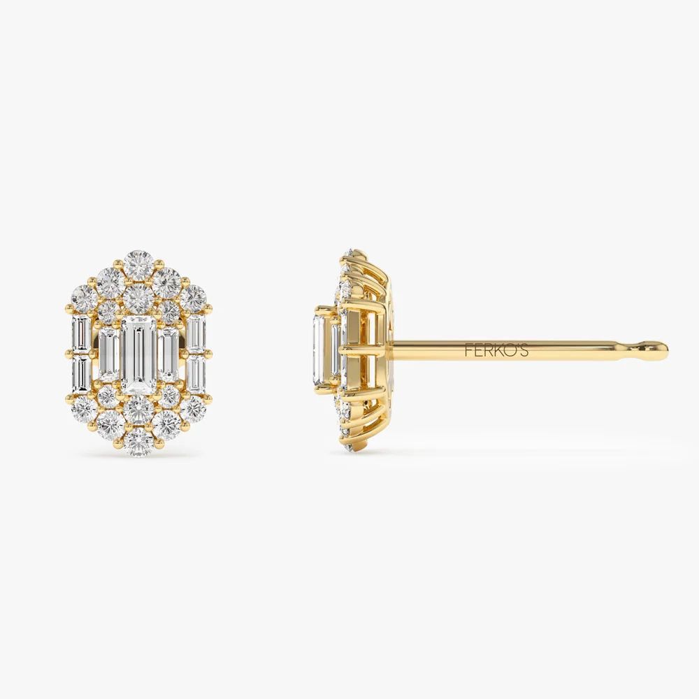 14k Baguette & Round Diamond Hexagon Studs - Image 6