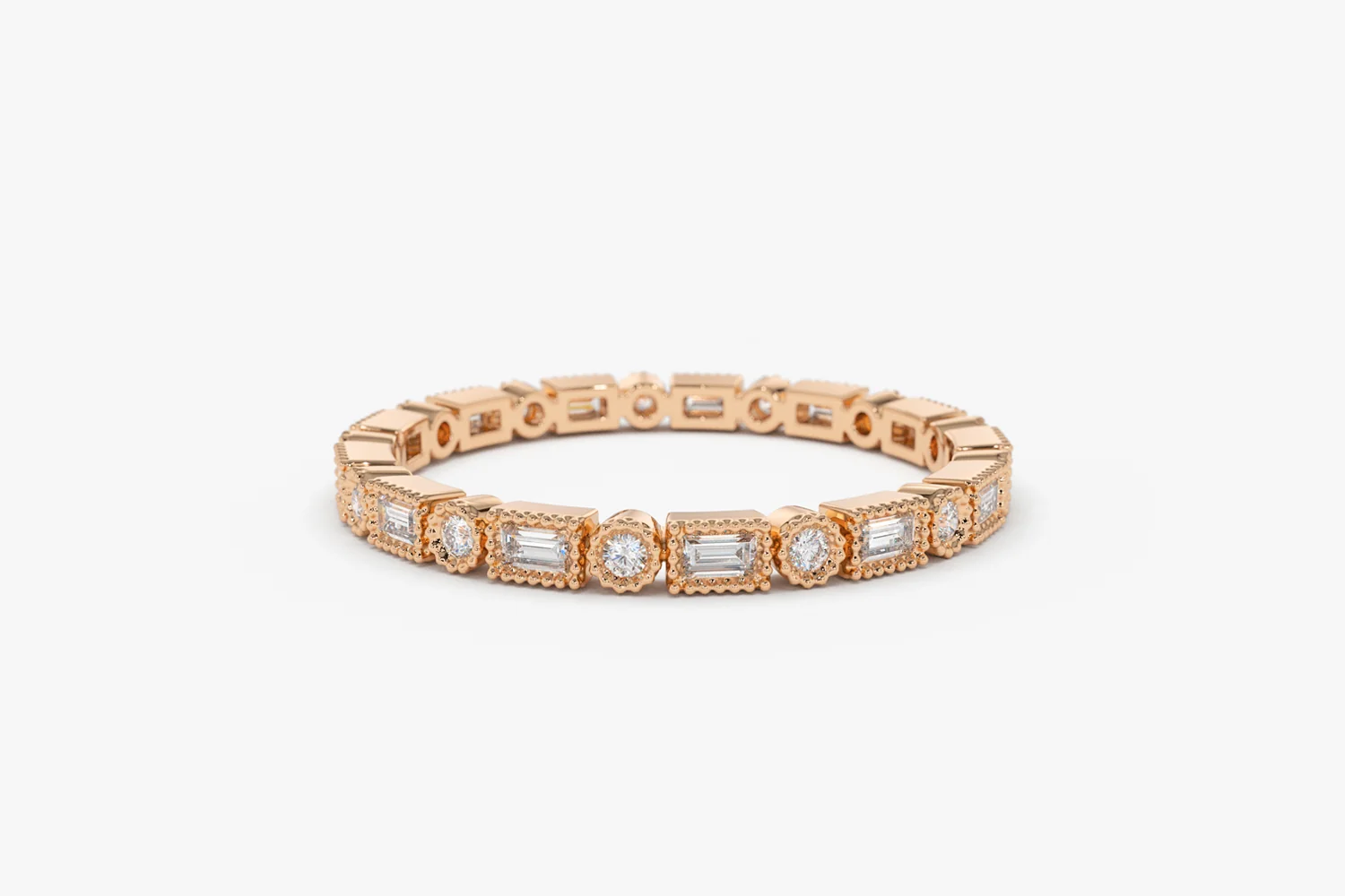 14K Baguette & Round Diamond Milgrain Bezel Full Eternity Ring - Image 13