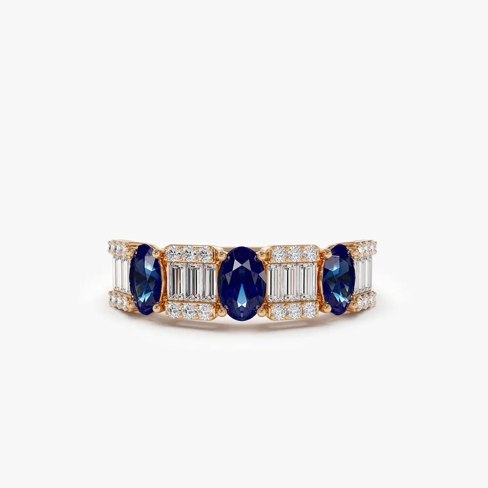 14K Baguette & Round Diamond with Genuine Sapphire Ring - Image 6