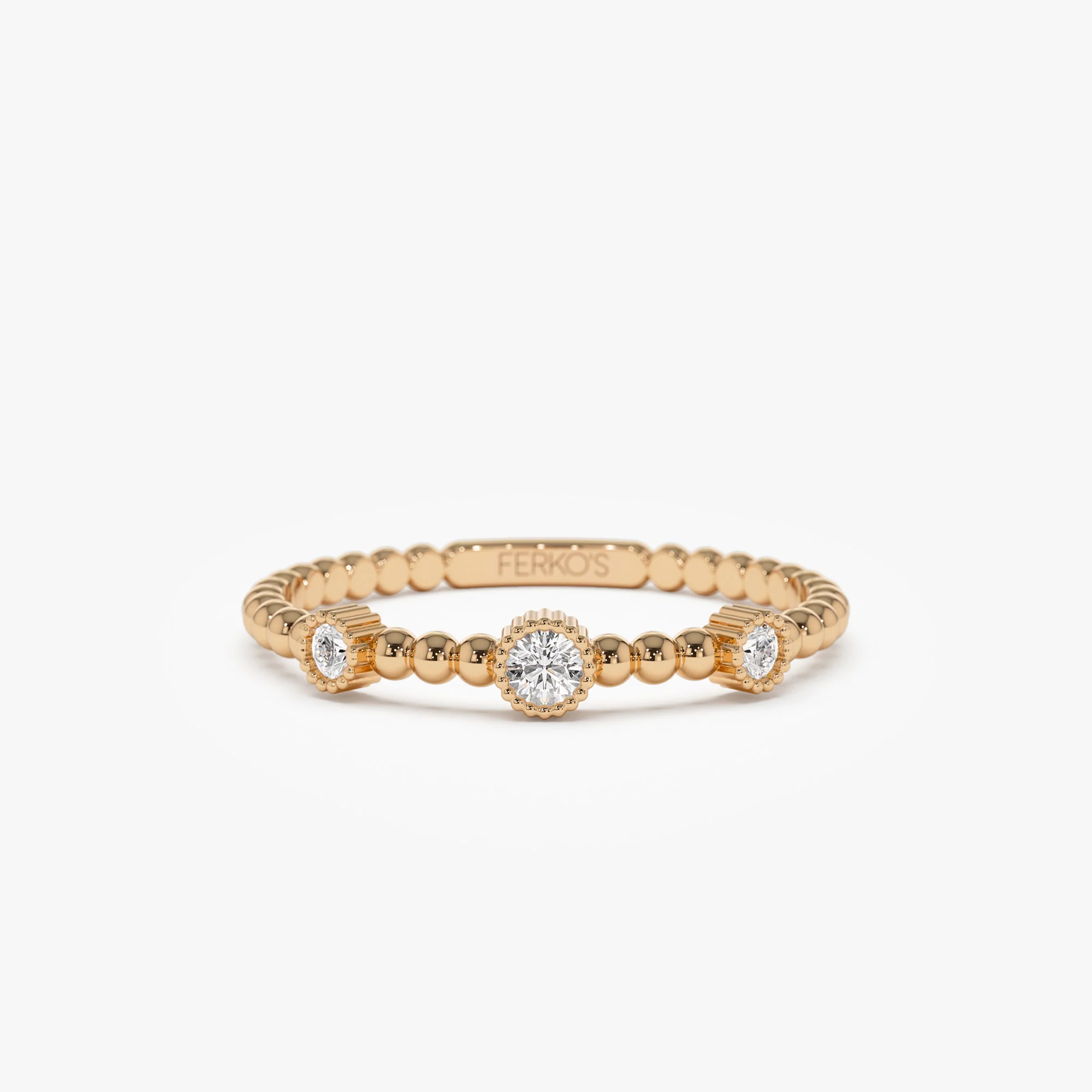 14k Bead Band Ring with Three Bezel Setting Diamonds - Image 4