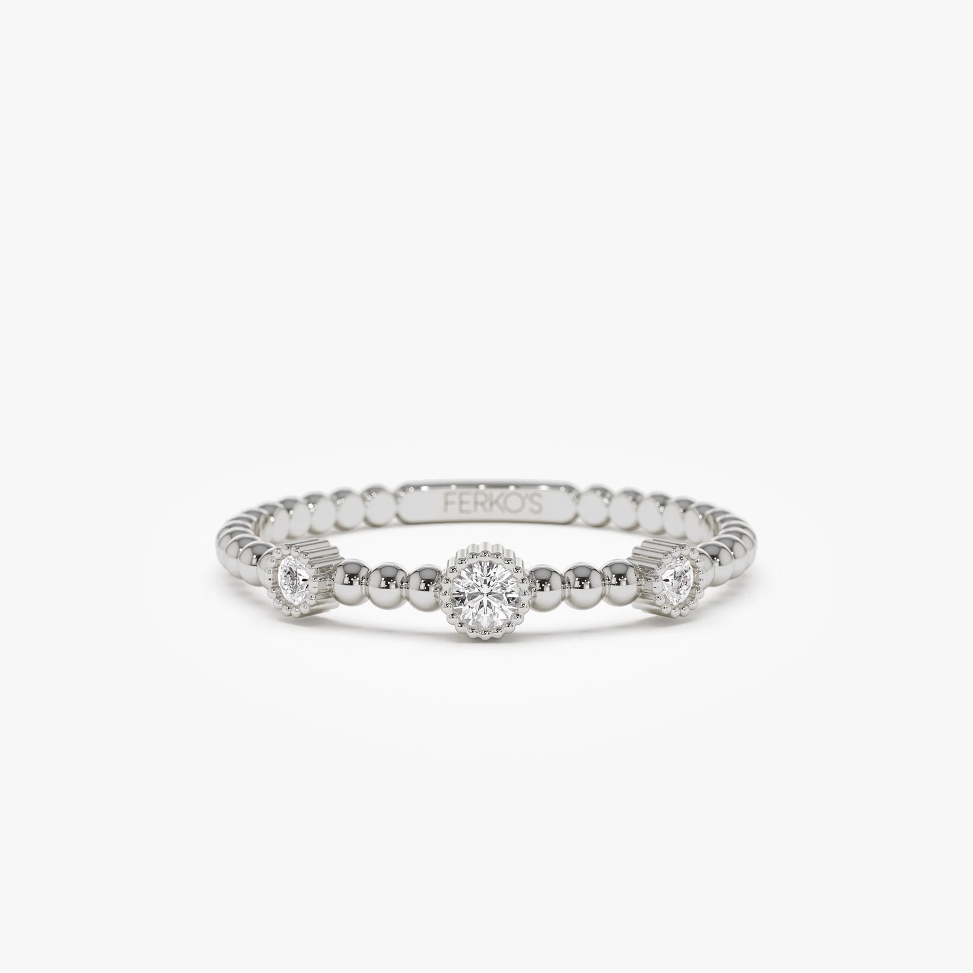 14k Bead Band Ring with Three Bezel Setting Diamonds - Image 5