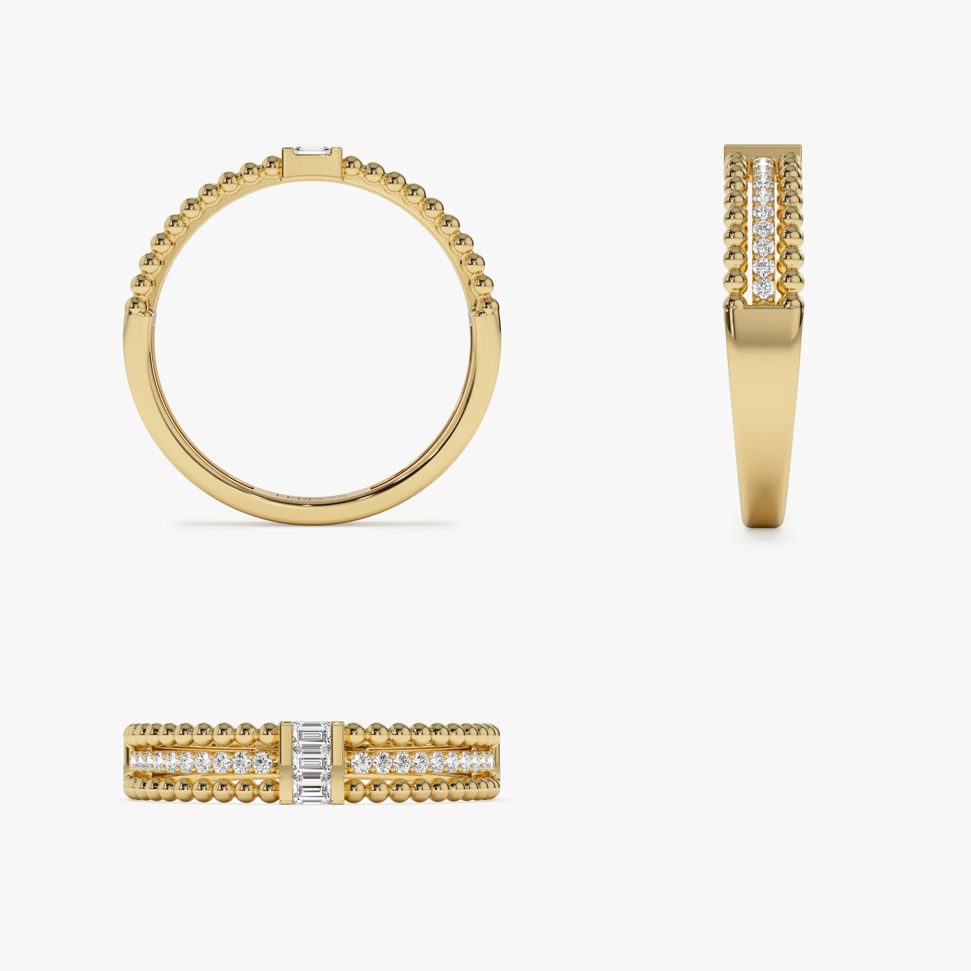 14k Beaded Baguette and Round Diamond Ring - Image 7