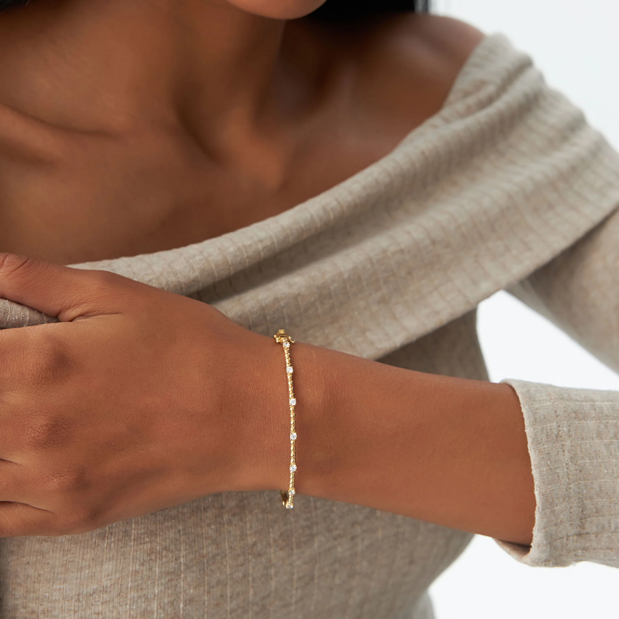 14K Beaded Gold Diamond Bangle Bracelet - Image 2