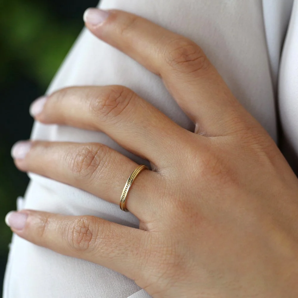 14k Beaded Stacking Gold Wedding Band - Image 3