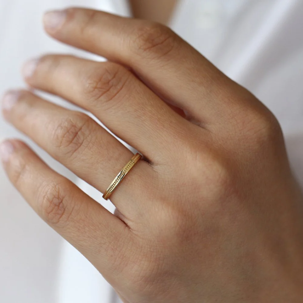 14k Beaded Stacking Gold Wedding Band - Image 5
