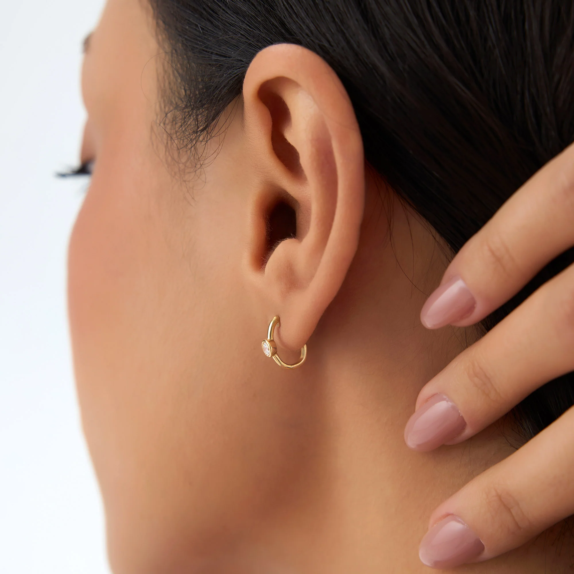 14k Bezel Setting Diamond J Hoops - Image 3