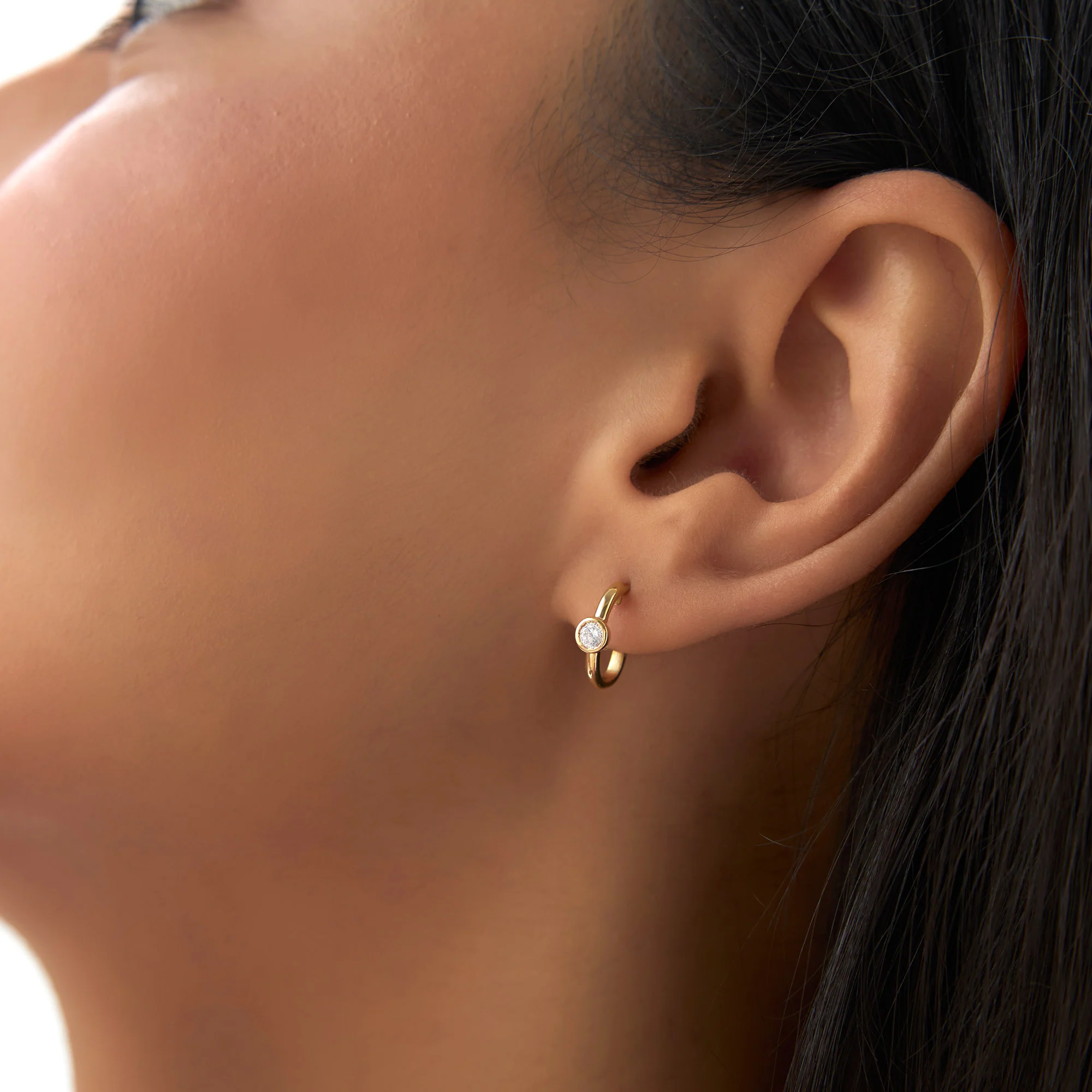 14k Bezel Setting Diamond J Hoops - Image 4