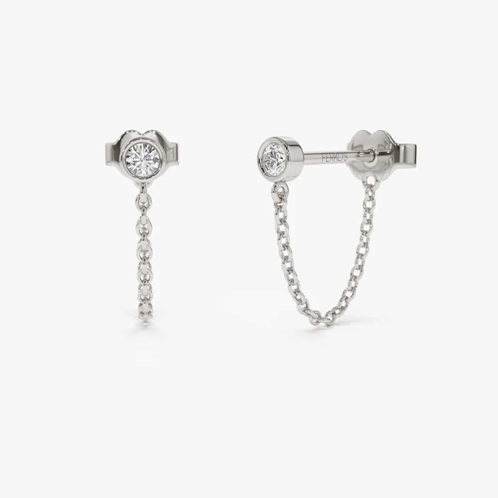 14k Bezel Setting Diamond Studs Chain Earrings - Image 7