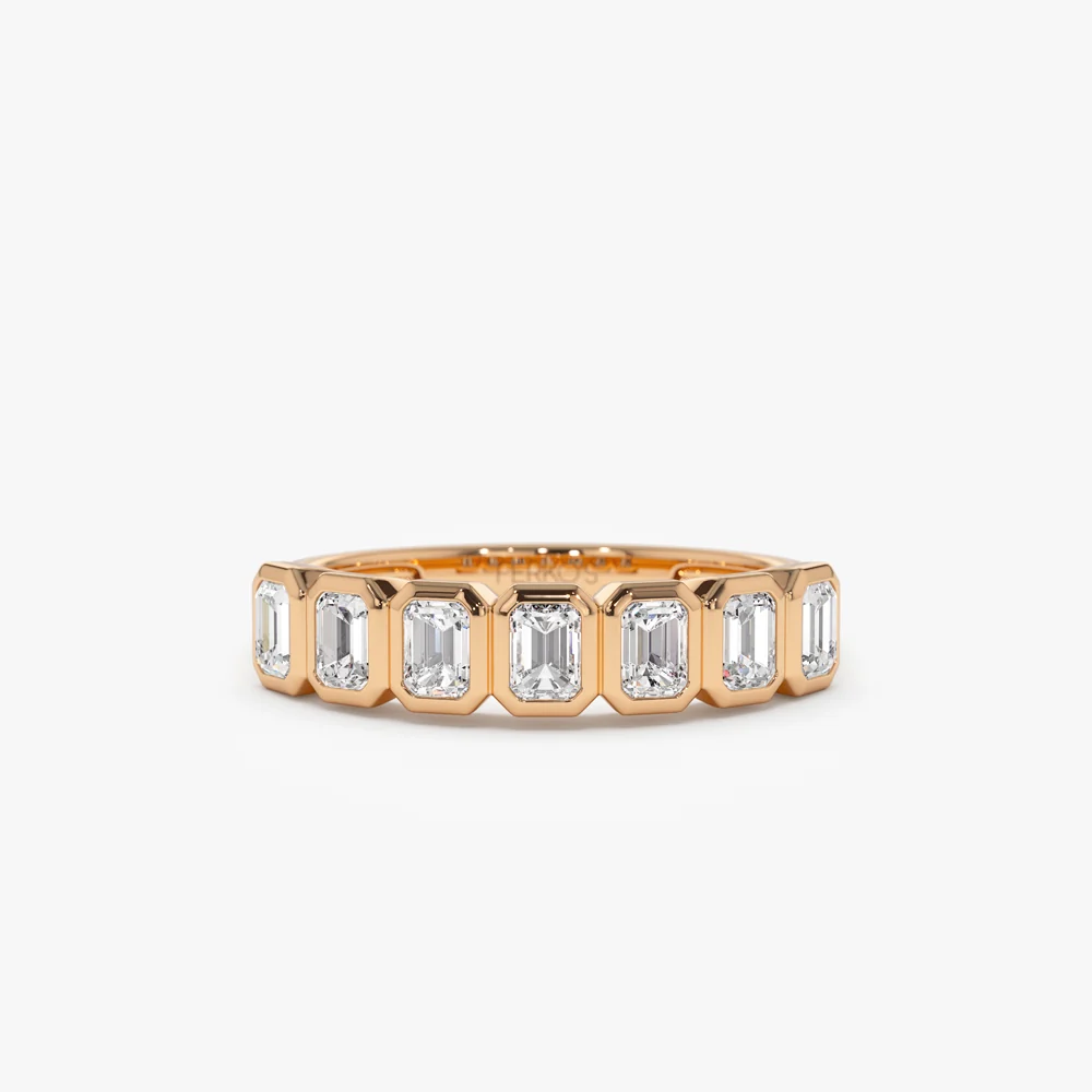 14k Bezel Setting Emerald Cut Diamond Wedding Band - Image 7