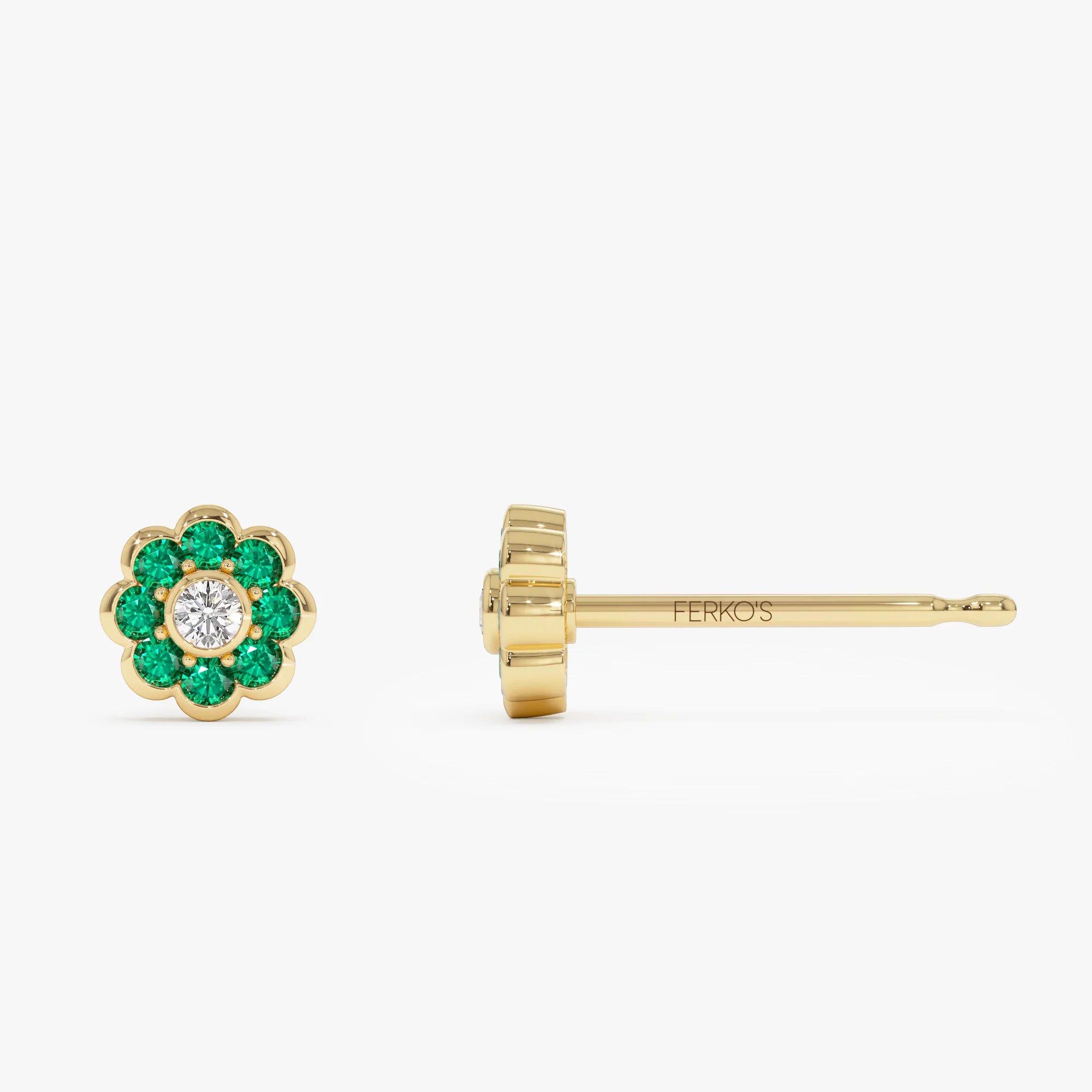 14K Bezel Setting Emerald Flower Diamond Studs - Image 7