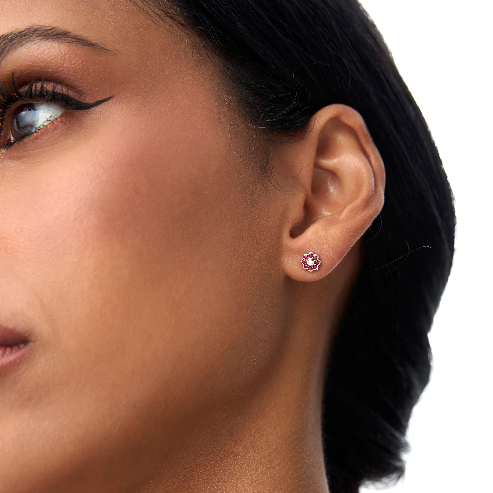 14K Bezel Setting Ruby Flower Diamond Studs - Image 2