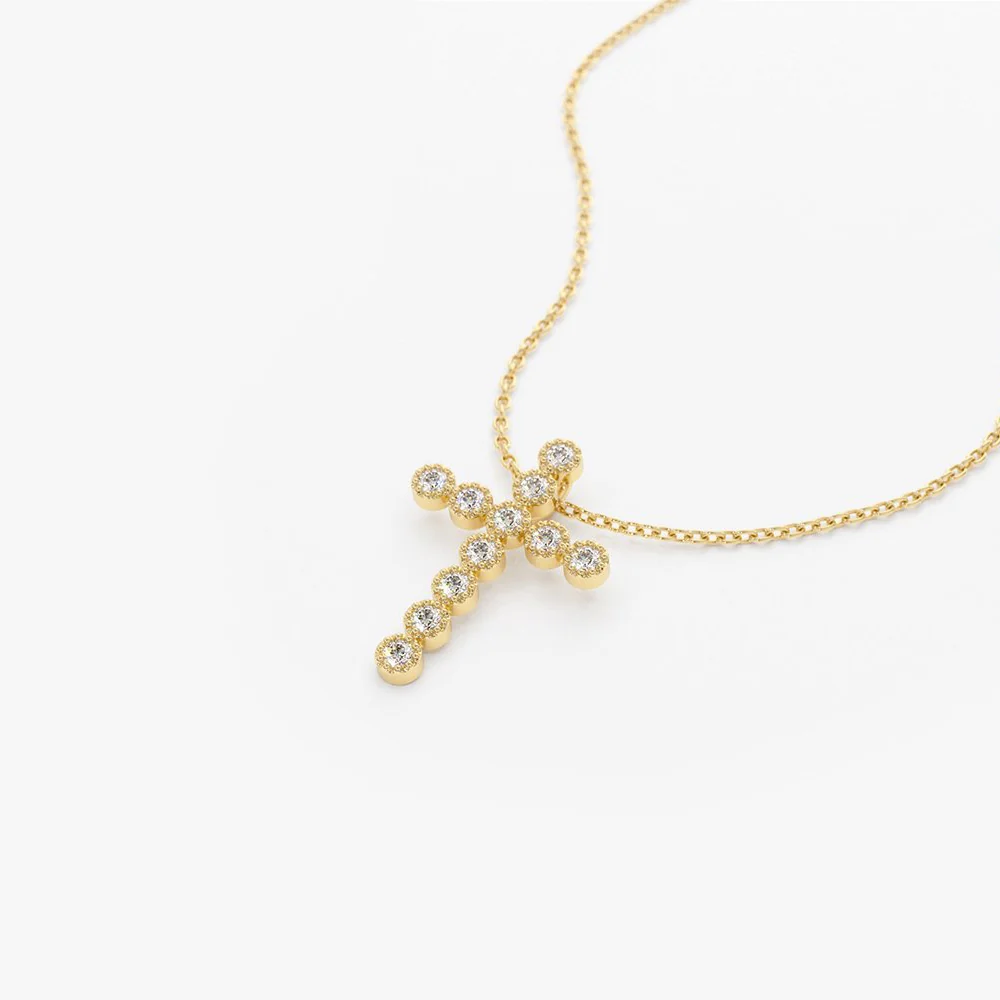 14K Gold Bezel Setting With Milgrain Diamond Cross Necklace - Image 6