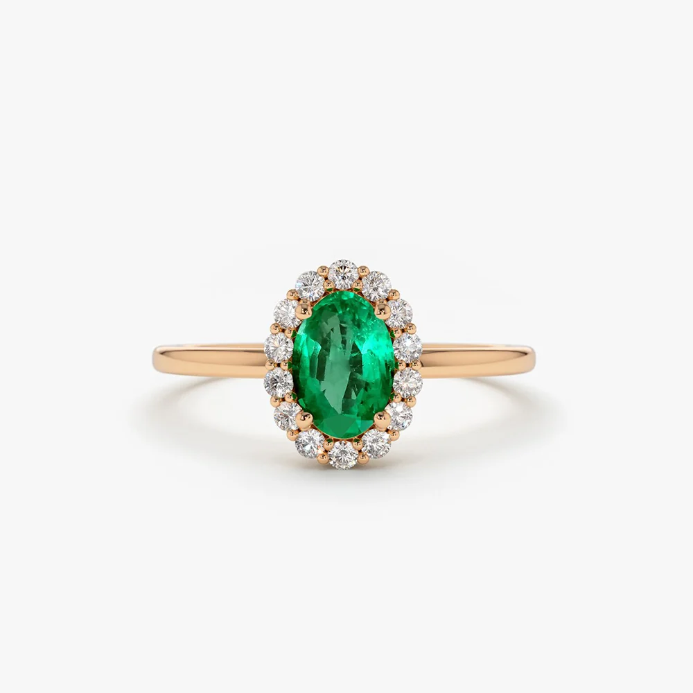 14K Gold Oval Cut Emerald Halo Diamond Ring - Image 5