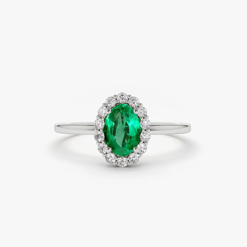 14K Gold Oval Cut Emerald Halo Diamond Ring - Image 6