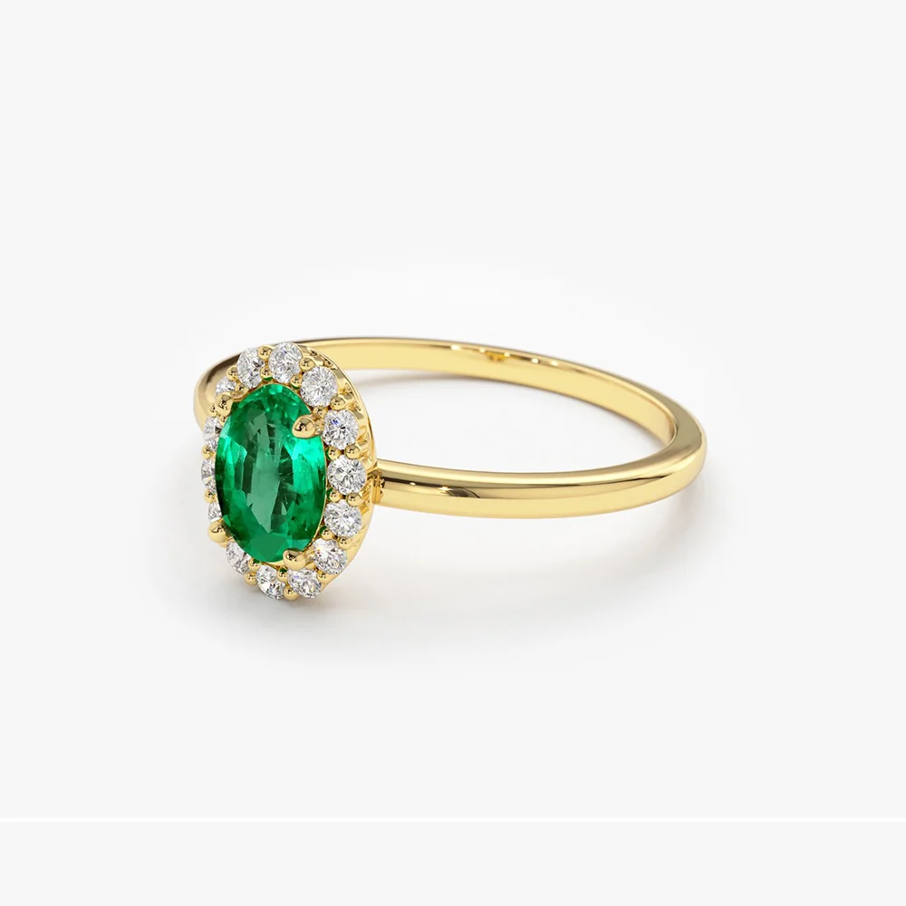 14K Gold Oval Cut Emerald Halo Diamond Ring - Image 7
