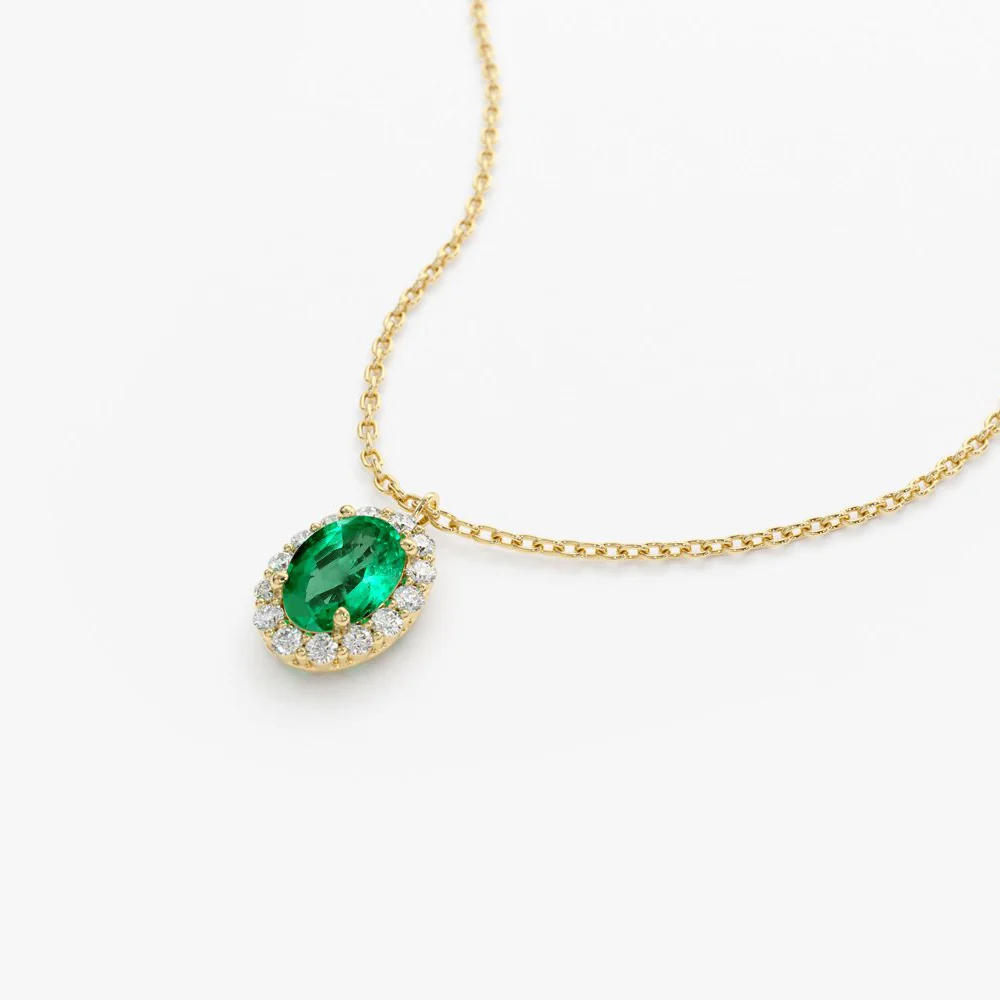 14K Gold Oval Cut Emerald Halo Diamond Necklace - Image 7