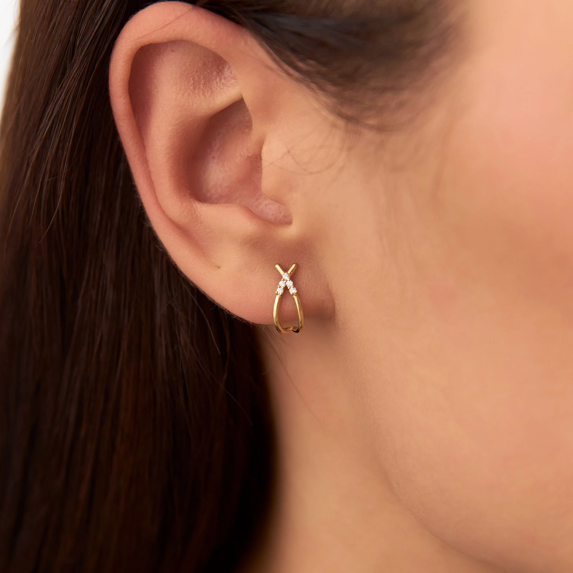 14k Criss Cross Half Hoop Diamond Stud - Image 2