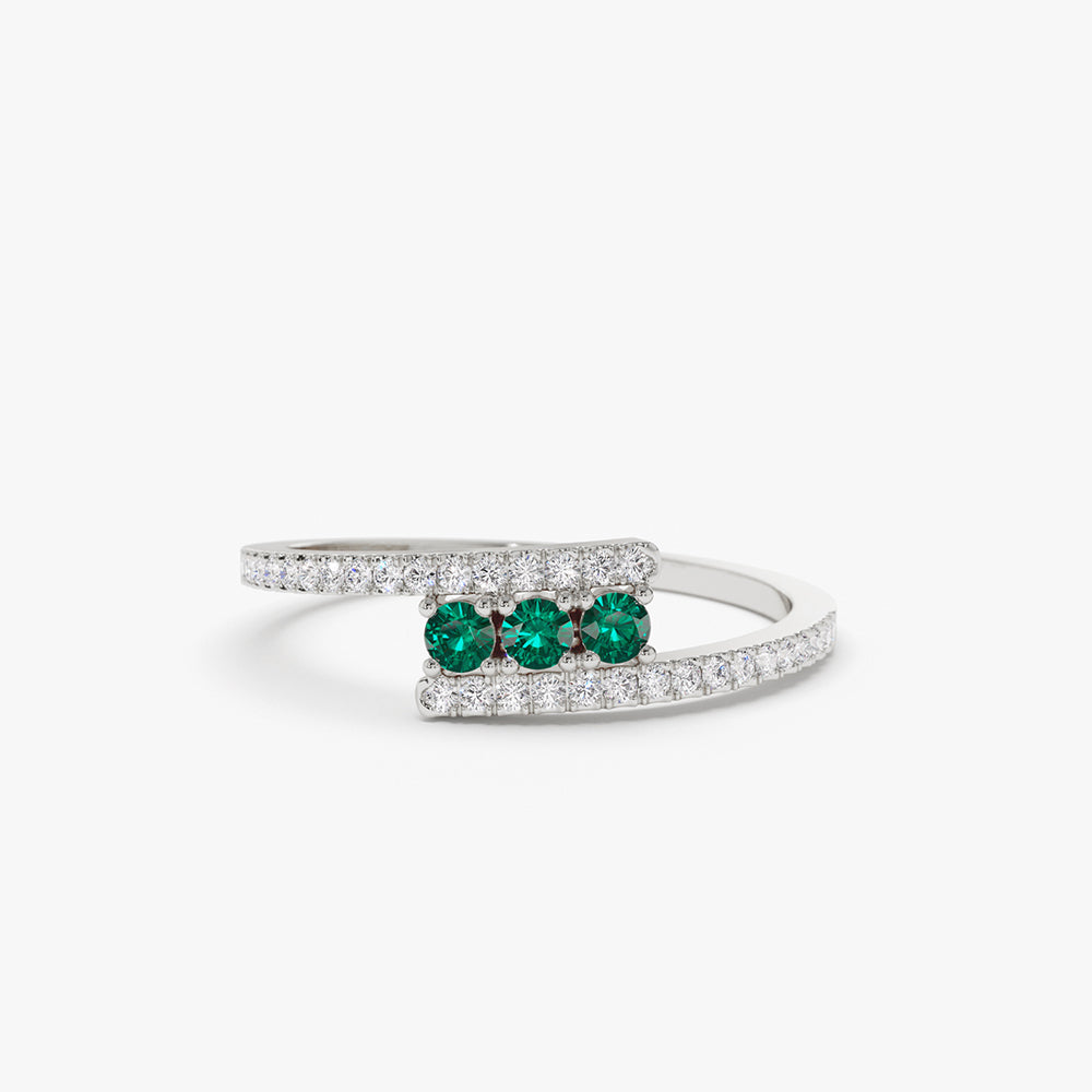 14k Cross Over Diamond Ring with Round Emeralds - Image 6