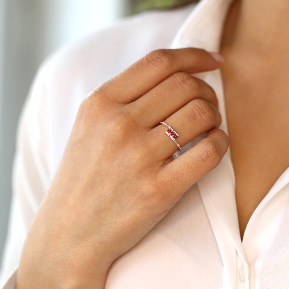 14k Cross Over Diamond Ring with Round Rubies - Image 7