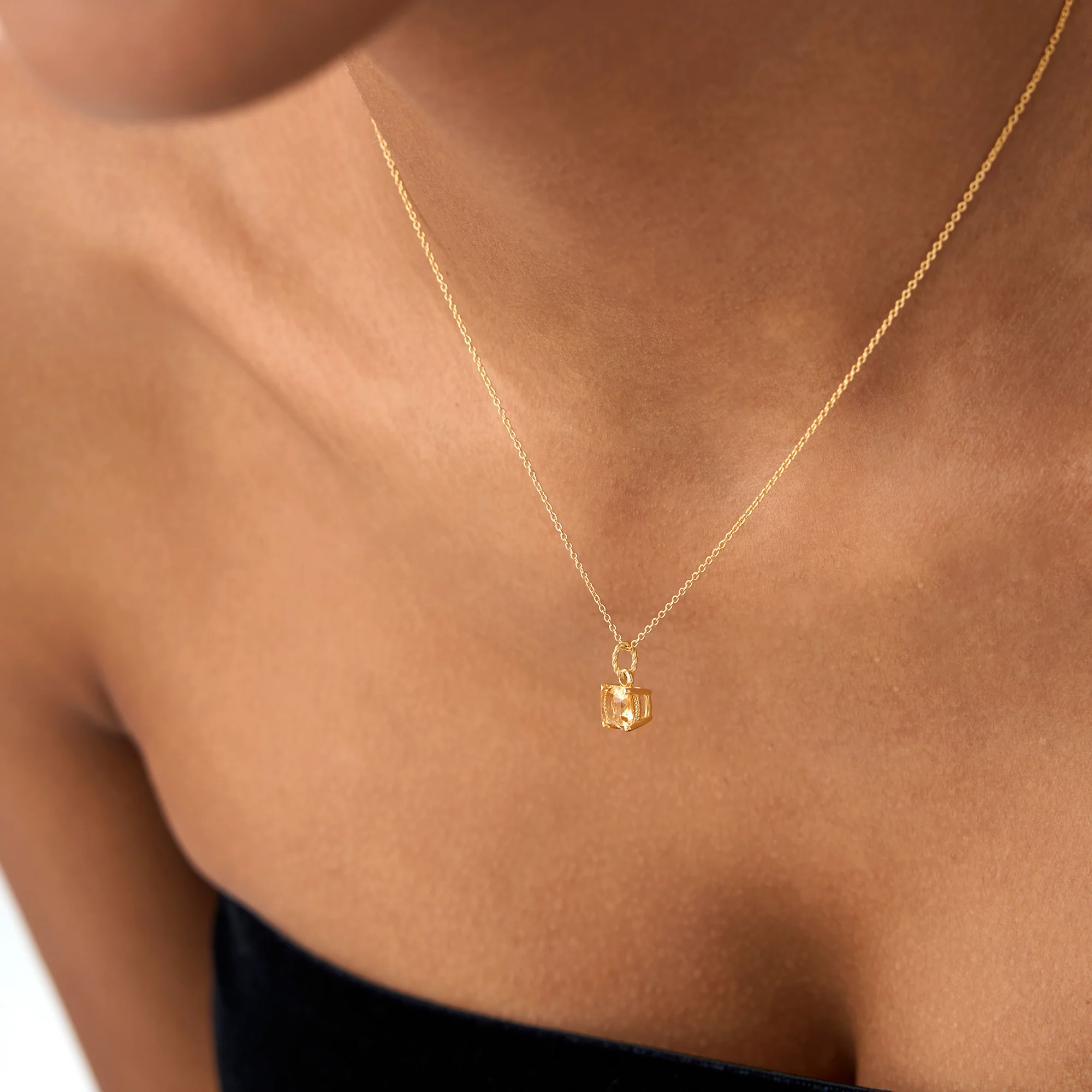 14K Cushion Cut Citrine Solitaire Necklace - Image 3