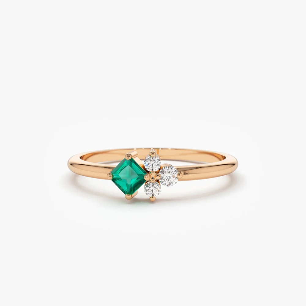 14K Dainty Princess Cut Emerald and Diamond Ring - Image 4