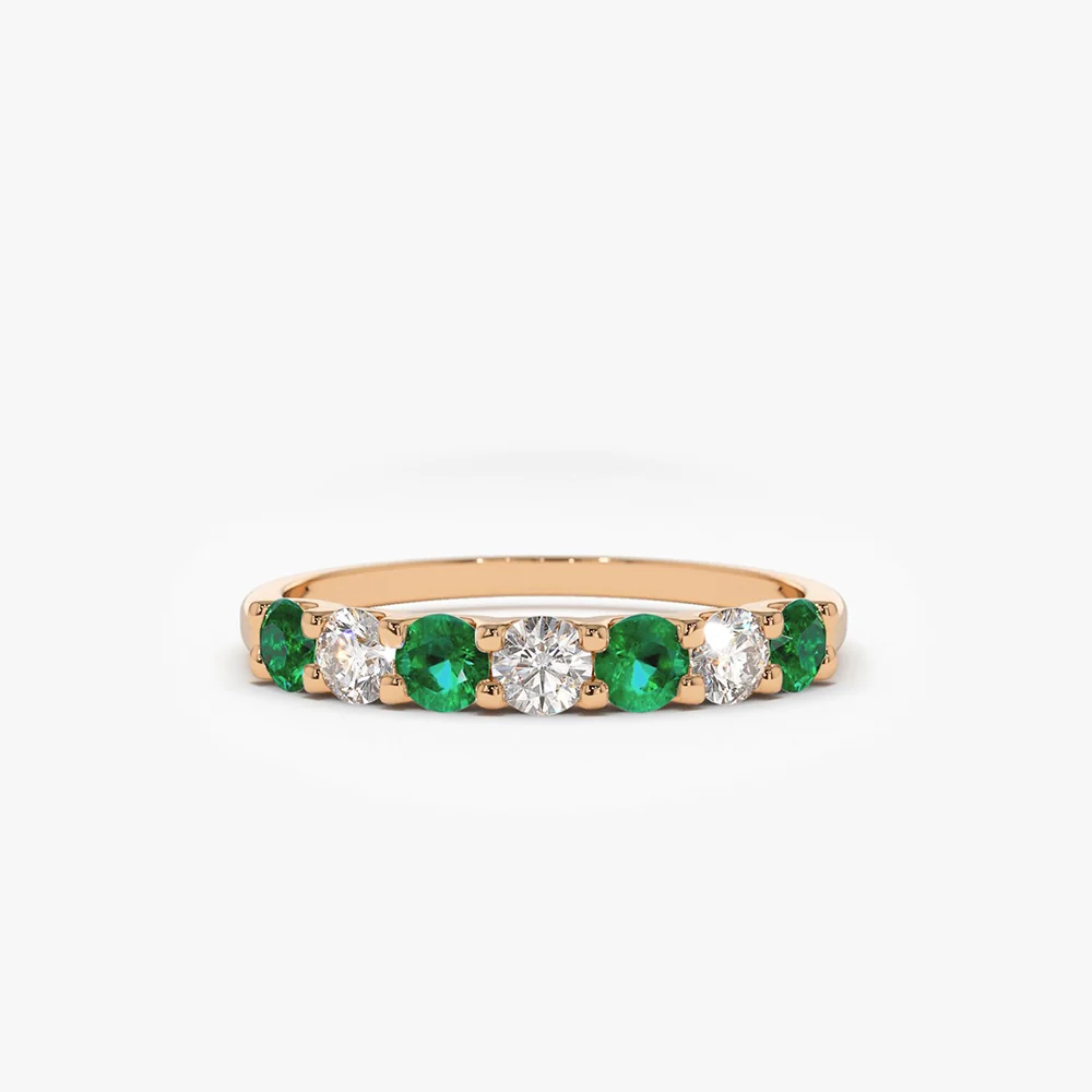 14K Gold Alternating Emerald and Diamond Wedding Band - Image 7