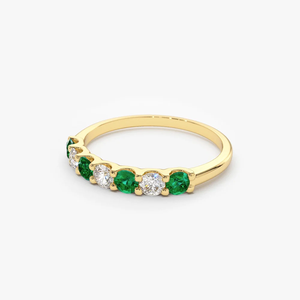 14K Gold Alternating Emerald and Diamond Wedding Band - Image 9