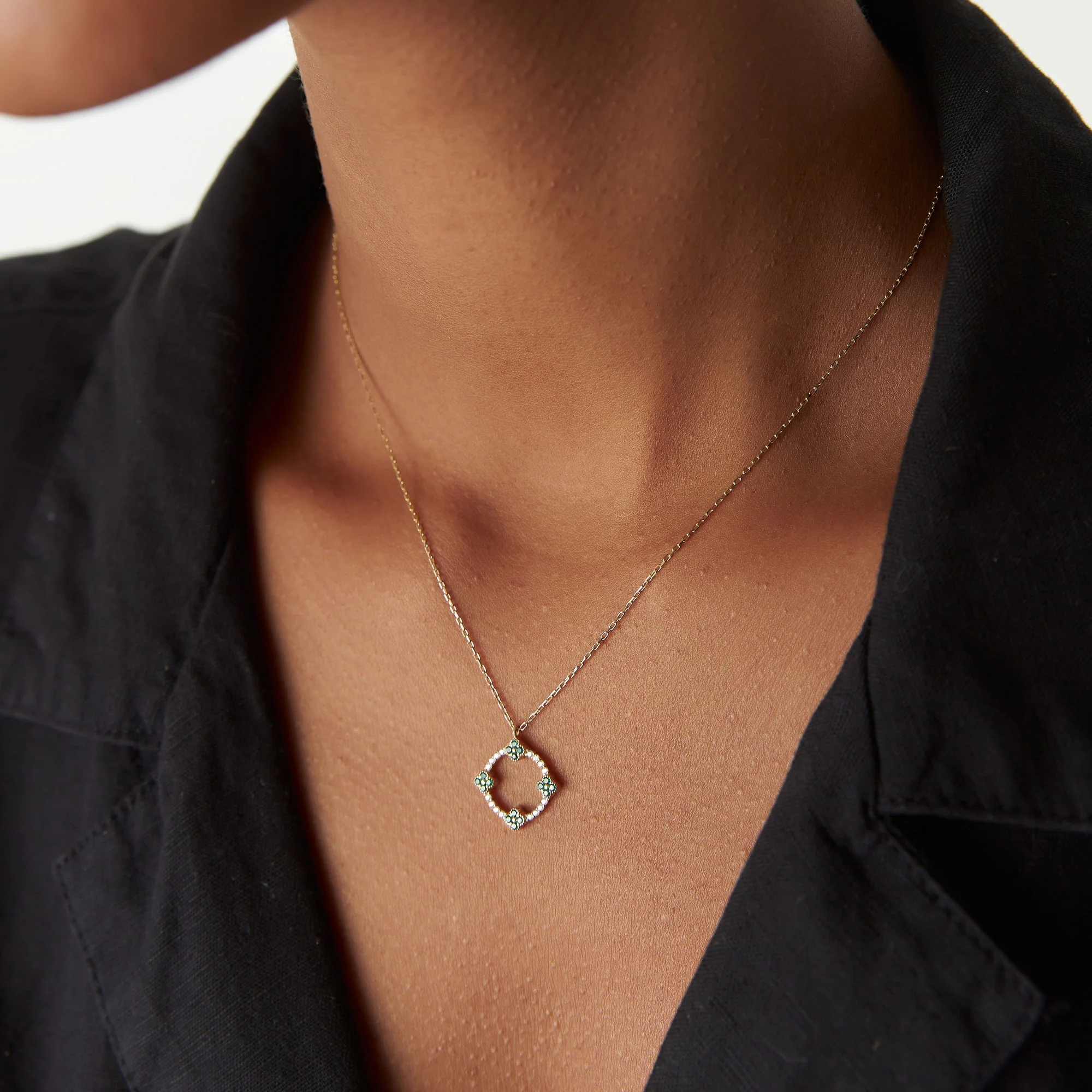 14k Diamond and Emerald Clover Necklace - Image 4