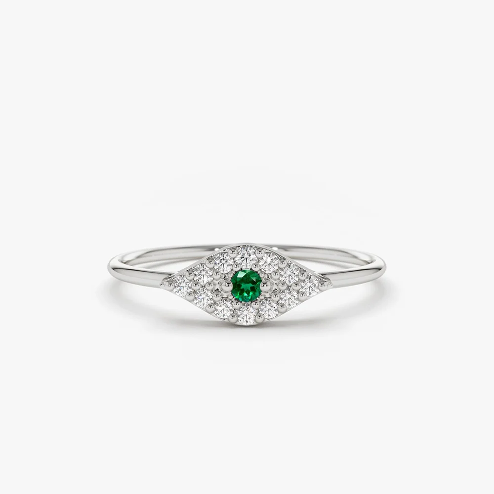 14K Diamond and Emerald Evil Eye Ring - Image 4