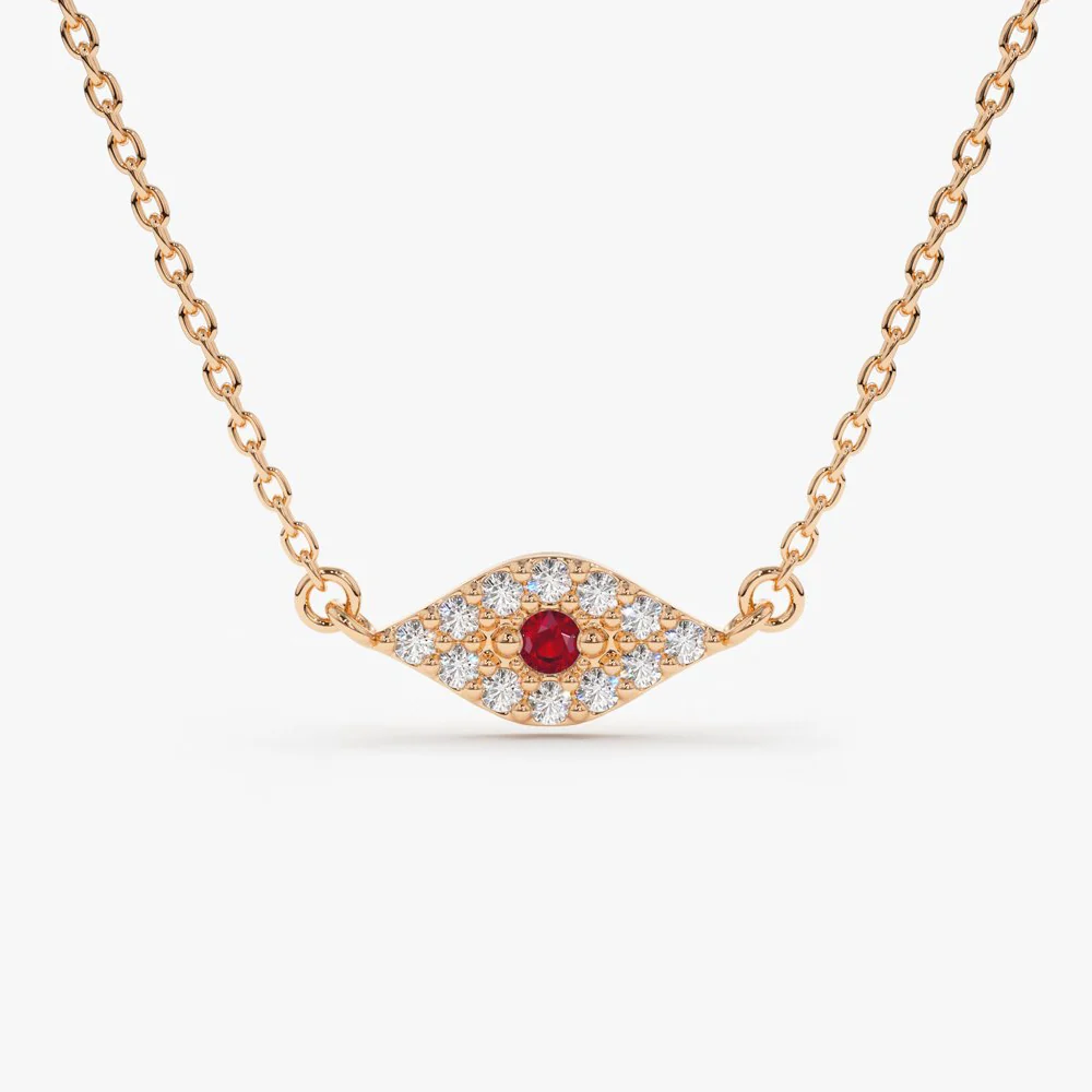 14K Gold Diamond and Ruby Evil Eye Necklace - Image 6