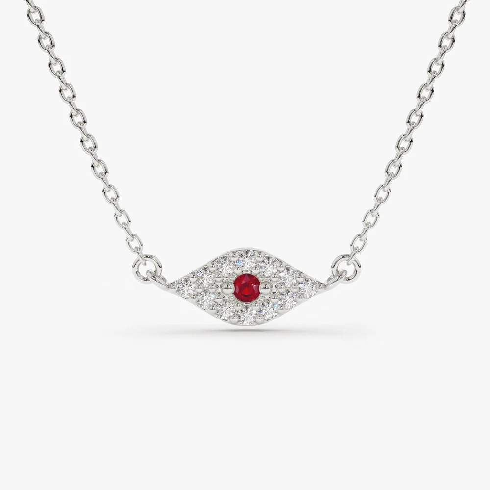 14K Gold Diamond and Ruby Evil Eye Necklace - Image 7