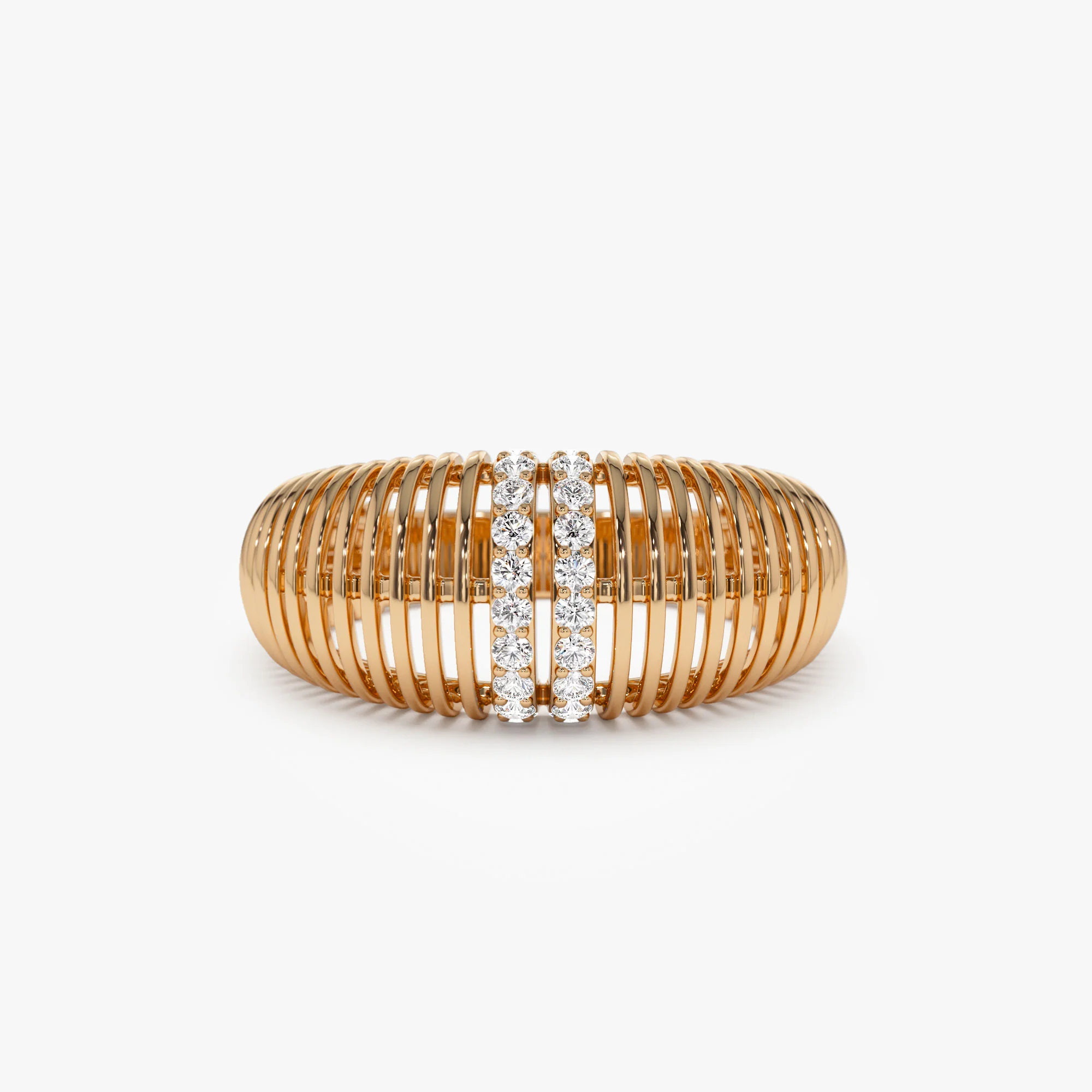 14K Diamond-Encrusted Ribbed Dome Statement Ring - Image 9