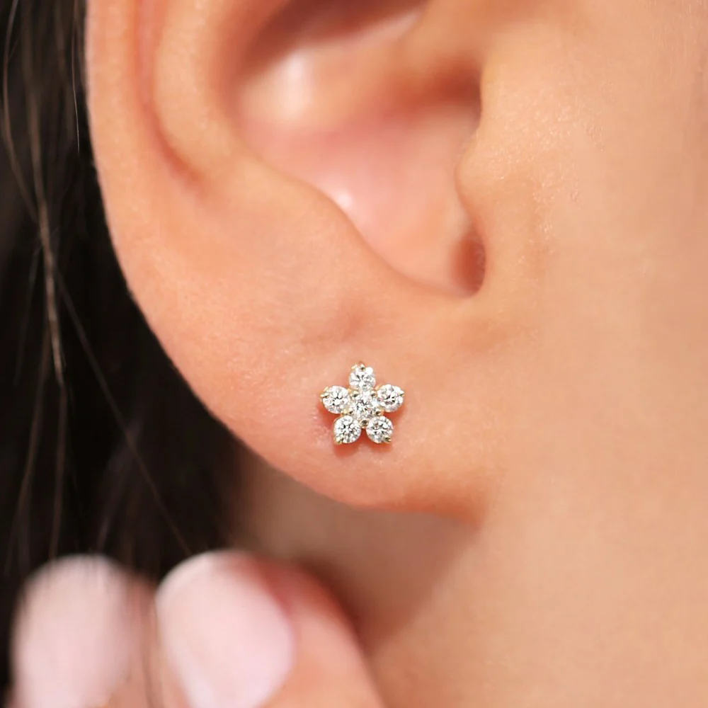 14K Gold Diamond Flower Earrings - Image 2