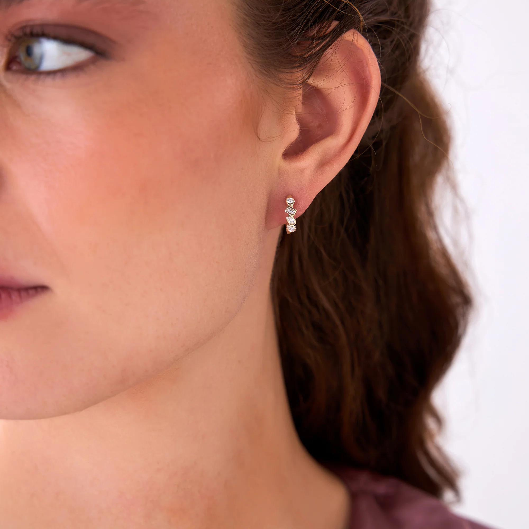 14k Diamond Hoop Earrings Gold Huggies with Mixed Cuts - Image 3