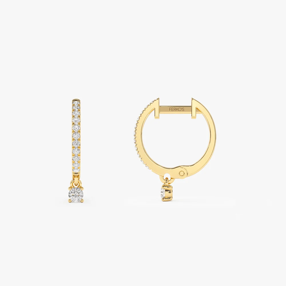 14k Diamond Huggies with a Dangling Round Diamond - Image 6