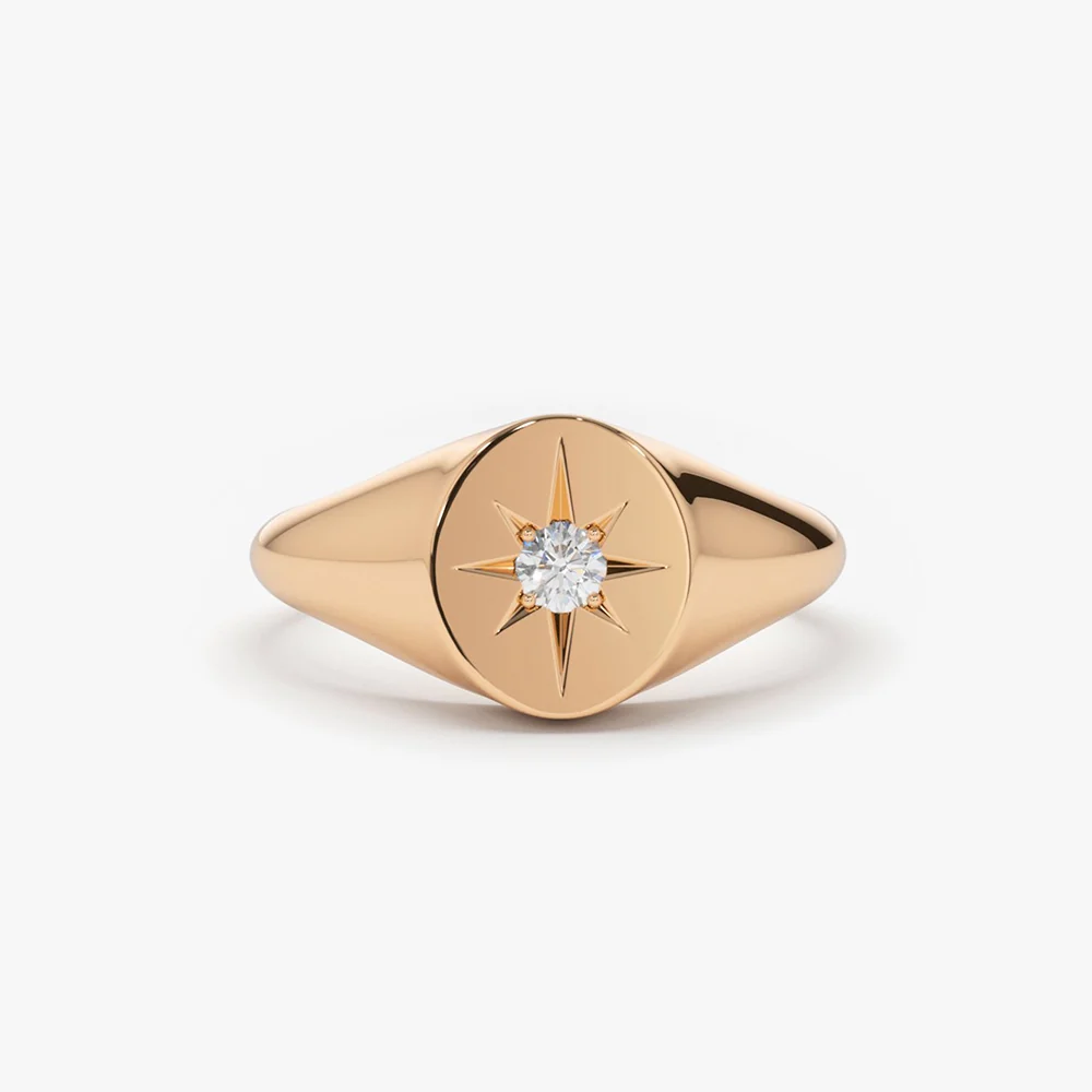 14K Gold Starburst Diamond Signet Ring - Image 4