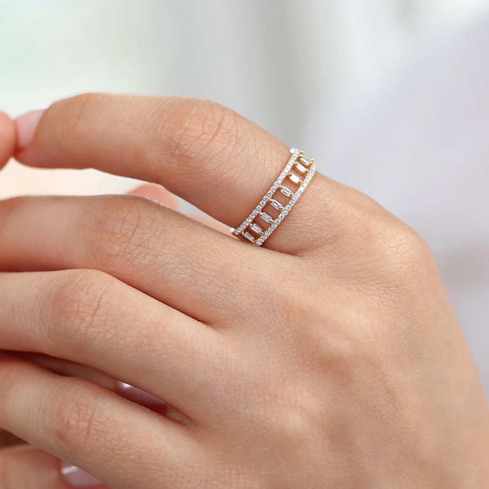 14k Double Row Micro Pave Diamond Ring with Baguette Diamond - Image 3